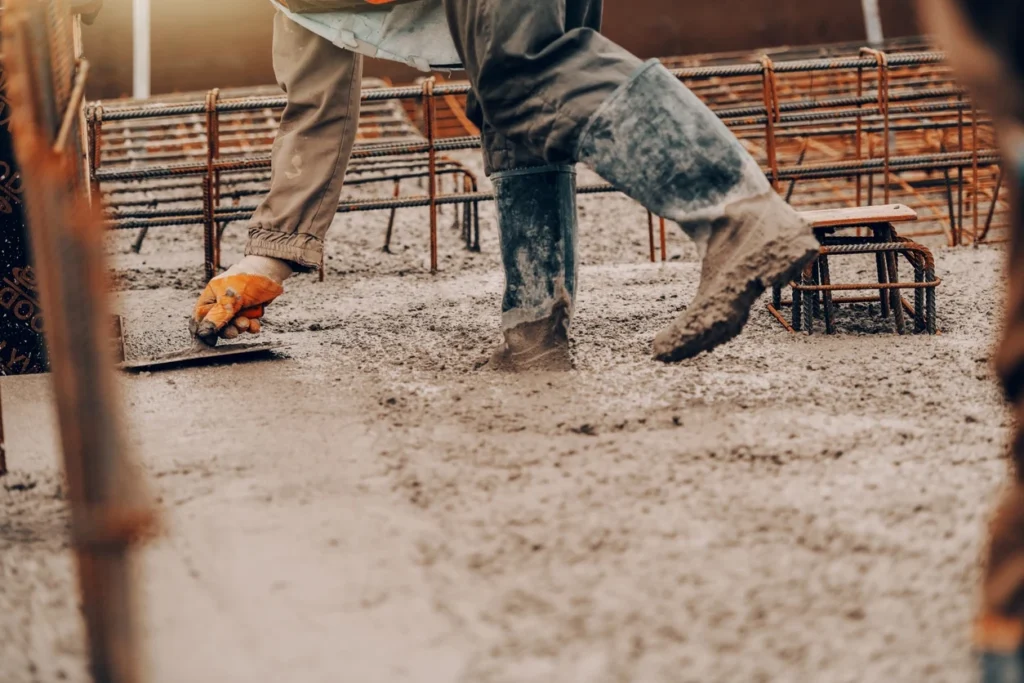 Professional concrete contractors in Southlake TX working on a construction site, with workers wearing safety gear and carefully smoothing freshly laid concrete around rebar reinforcement.