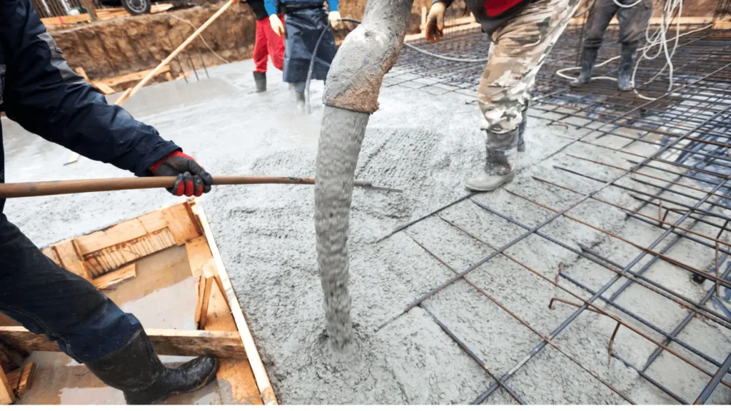 Concrete contractors in Southlake TX pouring fresh concrete through a chute onto reinforced steel mesh during a foundation installation, demonstrating professional concrete placement techniques.