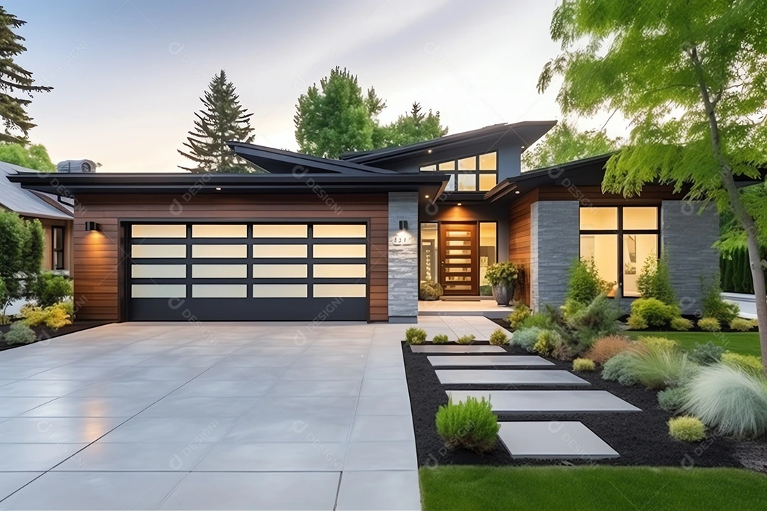 Modern concrete driveway in Southlake TX featuring clean lines with large format concrete panels, complementing a contemporary home design with wood siding and landscaped borders featuring ornamental grasses.